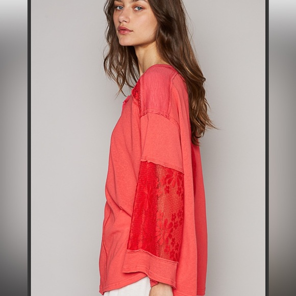 POL. ❤️ Bright Coral Lace Sleeve Top - Picture 3 of 4